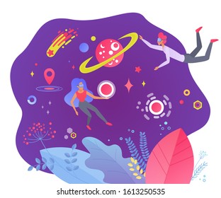 Virtual reality flat vector illustration. Video simulation with VR glasses. Explore cyberspace. Digital simulator for education. Entertainment and leisure. Gamers cartoon characters