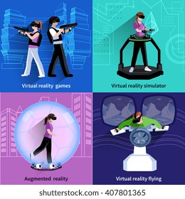 Virtual reality flying simulator 4 flat icons square with games and sport activities abstract isolated vector illustration
