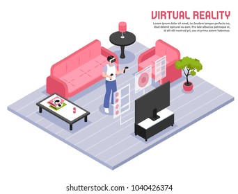 Virtual reality full screen immersive experience isometric composition with person in headset standing home with two controllers vector illustration 