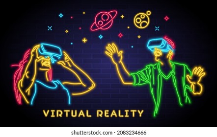 Virtual reality and future technology with neon light elements. Female and male neon bright colors