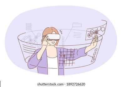 Virtual reality, futuristic innovative technologies concept. Young smiling woman cartoon character in 3d glasses mask standing and touching parallel reality with fingers simulating real feelings  - Powered by Shutterstock - Get 15% off with code: PIKWIZARD15