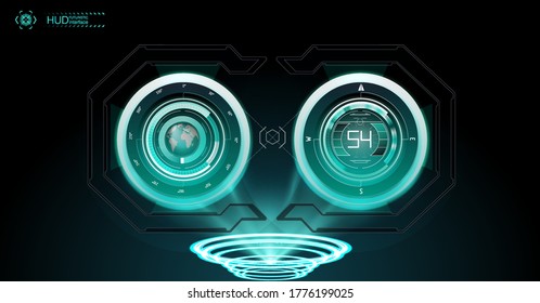 Virtual reality. Futuristic VR head-up display design. Sci-Fi helmet HUD, GUI,UI. Futuristic display with data, speedometer and statistics panel. Cockpit of futuristic autonomous car. High tech screen