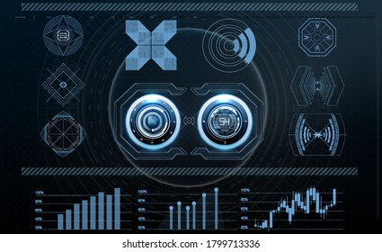 Virtual reality. Futuristic VR head-up display design. Sci-Fi helmet HUD, GUI,UI. Futuristic display with data, speedometer and statistics panel. Cockpit of futuristic autonomous car. High tech screen