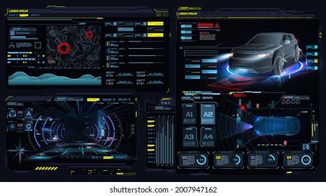 Virtual reality. Futuristic VR head-up display design. Sci-Fi helmet. Concept for driver assistance systems. Autonomous adas car. Car auto service, diagnostic auto. App in the style of HUD, GUI, FUI.