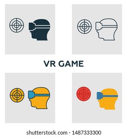Virtual Reality Game icon set. Four elements in diferent styles from visual device icons collection. Creative virtual reality game icons filled, outline, colored and flat symbols.