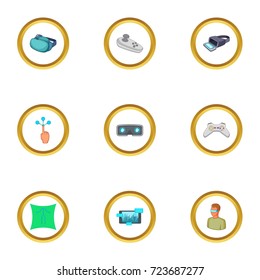 Virtual reality game icons set. Cartoon style set of 9 virtual reality game vector icons for web design