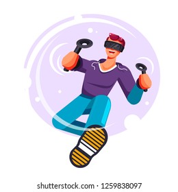 Virtual reality game isolated icon man in glasses with playing consoles modern technologies and entertainment industry guy and VR devices perform task teenager in hoodie and purple bubble vector.