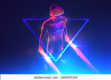 Virtual reality game. Man wearing vr headset and using light saber in abstract digital world with neon lines. Vector illustration