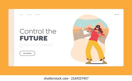Virtual Reality Game Recreation Landing Page Template. Woman in Vr Headset Having Fun, Girl Driving Virtual Car in Cyberspace Racing Simulator Holding Joysticks. Cartoon People Vector Illustration