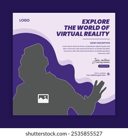 Virtual reality game workshop social media post banner template flat design with VR glasses Editable square background for social media post banner