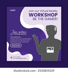 Virtual reality game workshop social media post banner template flat design with VR glasses Editable square background for social media post banner