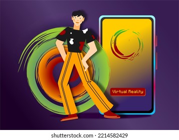 Virtual reality. Gamer guy. A smartphone, a person inside. Funnel into the virtual game world, the internet universe. Illustration on the topic of IT, AI. People and online. Man and machine.