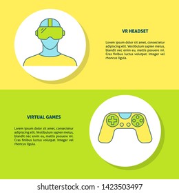 Virtual reality games concept banners in line style with place for text. Flyer templates with VR headset and game controller symbols. Vector illustration.