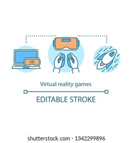 Virtual reality games concept icon. VR gaming equipment and software. App, headset, controller, simulator. VR entertainment idea thin line icons. Vector isolated outline drawing. Editable stroke