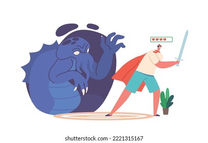 Virtual Reality Games Concept. Male Character Wear Knight Cape with Sword in hand Fighting with Creepy Monster in Cyber Space. Man in VR Glasses in Augmented Space. Cartoon People Vector Illustration