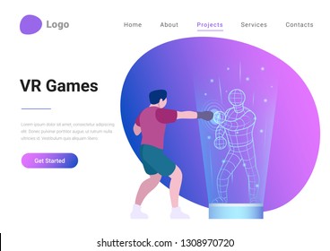Virtual Reality Games Flat style landing page banner vector illustration. Man in Smart Gloves for VR gaming play holographic game concept. 
