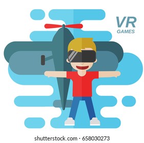 Virtual Reality Games Flat Vector Illustration, Boy wearing goggles and airplain on the background
