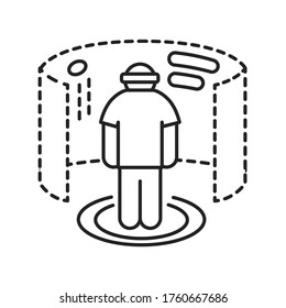 Virtual reality gaming black line icon. Man in VR helmet gaming on platform. Cyberspace, simulation, interactive. Pictogram for web page, mobile app. UI UX GUI design element. Editable stroke.