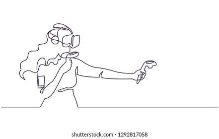 Virtual reality gaming continuous one line vector drawing. Woman in VR glasses, holding motion controller. 3D augmented entertainment. Hand drawn female silhouette. Minimalistic contour illustration