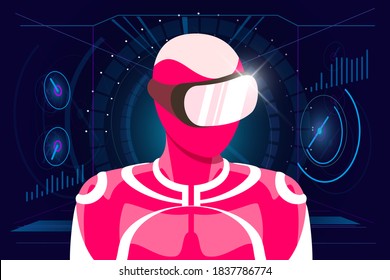 Virtual reality gaming in headset concept. User in pink suit wearing VR glasses helmet on HUD style abstract digital background. Futuristic technology vector eps illustration