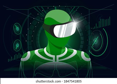 Juego de realidad virtual en concepto de auriculares. Usuario con traje verde con casco de gafas VR sobre fondo digital abstracto estilo HUD. Ilustración de vectores de tecnología futurista