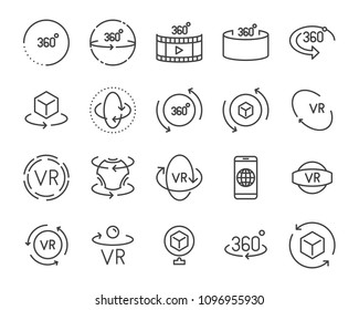 Virtual Reality gaming icons, VR 360 Degree technology set line icon