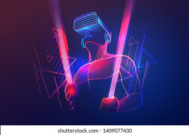 Virtual reality gaming. Man wearing vr headset and using light sword in abstract digital world with neon lines. Vector illustration