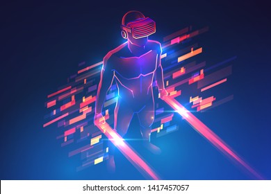 Virtual reality gaming. Man wearing vr headset and using light sword in abstract digital world with neon lines. Vector illustration