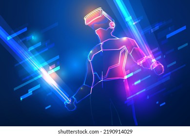 Juego de realidad virtual. Hombre con auriculares vr y usando espadas ligeras en metástasis abstractas. Efecto luminoso con partículas y líneas de neón