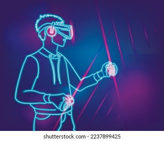 Virtual reality gaming. Man wearing vr headset and using light sword in abstract digital world with neon lines. Teenage hobby. Young man wearing  VR-glasses. Vector illustration.