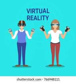 Virtual Reality Gaming Man And Woman Wearing Vr Glasses Hold Gamepad Modern Technology Concept Vector Illustration