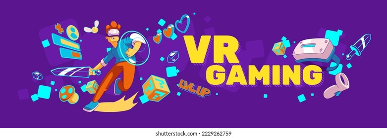 Virtual reality gaming, metaverse banner. Contemporary man in vr headset fight with sword in cyberspace. Futuristic innovation, game simulation, experience in meta verse, Cartoon vector illustration