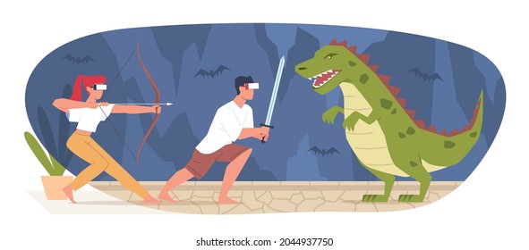 Virtual reality gaming. People with VR glasses. Guy and girl fighting with dinosaur. Entertainment sphere innovation technology. Presence cyber effect. Game simulator. Vector concept