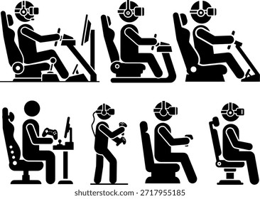 Virtual Reality Gaming and Racing Simulator Stick Figure Icon Set