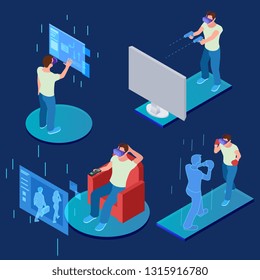 Virtual reality gaming, sporting, relaxing isometric vector concept