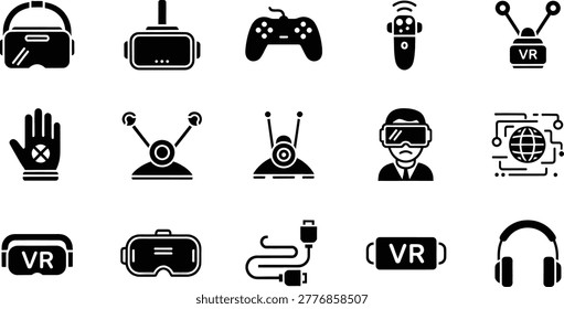 Virtual reality gaming technology icons collection in black silhouette style