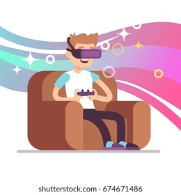 Virtual reality gaming vector concept with guy playing with vr headset. Vr headset for reality virtual gaming illustration