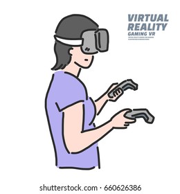 Virtual Reality gaming VR Game, line drawing illustration in various poses - line drawing vector illustration graphic design