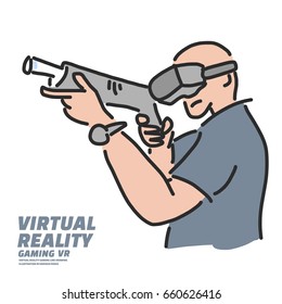 Virtual Reality gaming VR Game shooting, line drawing illustration in various poses - line drawing vector illustration graphic design