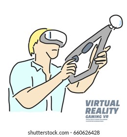 Virtual Reality gaming VR Game shooting, line drawing illustration in various poses - line drawing vector illustration graphic design