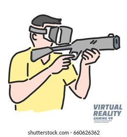 Virtual Reality gaming VR Games hooting, line drawing illustration in various poses - line drawing vector illustration graphic design