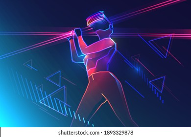 Virtual reality gaming. Woman wearing vr headset and using light swords in abstract world. Vector illustration