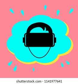 Virtual reality glasses. Black icon in bubble on pink background .Vector