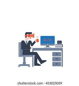 Virtual reality glasses Businessman  when wearing  goggles  Flat design color vector illustration