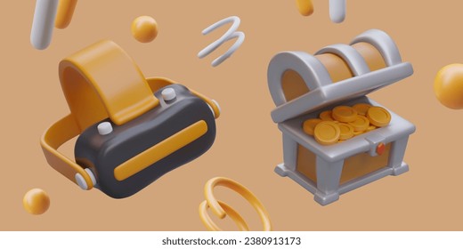 Gafas de realidad virtual, pecho con monedas de oro. Concepto de juego de computadora, simulación de búsqueda de tesoros. Ilustración 3D al estilo de las caricaturas. Aplicación de juego de publicidad