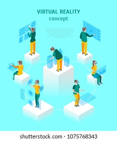 Virtual Reality Glasses Concept with People 3d Isometric View on a Blue Background Technology Cyberspace. Vector illustration of Vr