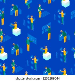 Virtual Reality Glasses Concept with People 3d Isometric View Seamless Pattern Background Technology Cyberspace. Vector illustration of Vr