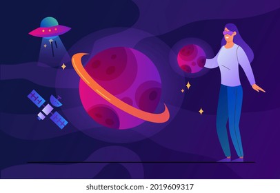 Virtual reality glasses concept. Woman got into space with help of optical device. Character holding planet in his hands. Technical progress. Cartoon flat vector illustration on starry background