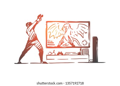 Virtual, reality, glasses, device, headset concept. Hand drawn man having fun in headset glasses concept sketch. Isolated vector illustration.