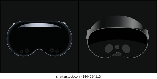 Vista frontal de gafas de realidad virtual aisladas sobre fondo negro | Gafas VR | Casco de realidad virtual futurista gafas de cristal ilustración